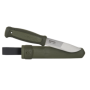 Morakniv Kansbol knife with a green handle partially drawn from its green sheath.