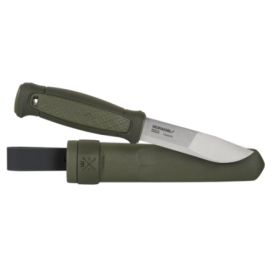 Morakniv Kansbol knife with a green handle partially drawn from its green sheath.