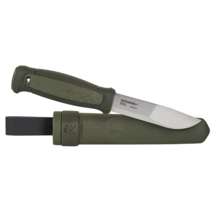 Morakniv Kansbol knife with a green handle partially drawn from its green sheath.