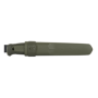 Morakniv Kansbol knife fully sheathed in a green polymer sheath, front view.