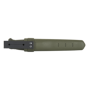 Morakniv Kansbol knife in a green sheath, back view showing the belt loop.
