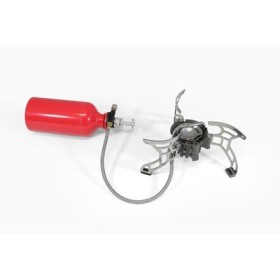 Origin Outdoors Rugged Multifuel Stove connected to liquid fuel bottle