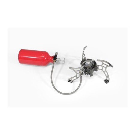 Origin Outdoors Rugged Multifuel Stove connected to liquid fuel bottle