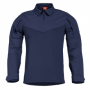 Studio view of the Pentagon Ranger tactical shirt focusing on the blue front body panel and main zipper.