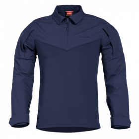 Studio view of the Pentagon Ranger tactical shirt focusing on the blue front body panel and main zipper.
