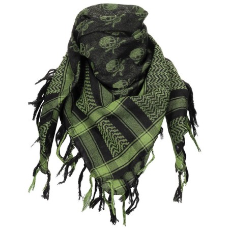 Shemagh (Scarf), OD green-black with skull  , fringed 