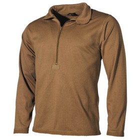 Front view of the coyote tan waffle fleece shirt, emphasizing the thermal texture and sturdy seams.