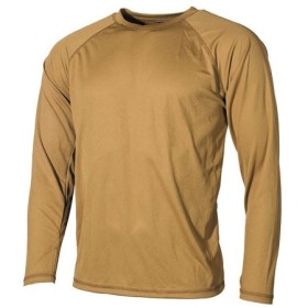 Product view of the coyote tan undershirt, emphasizing the thumb holes and moisture-wicking material.