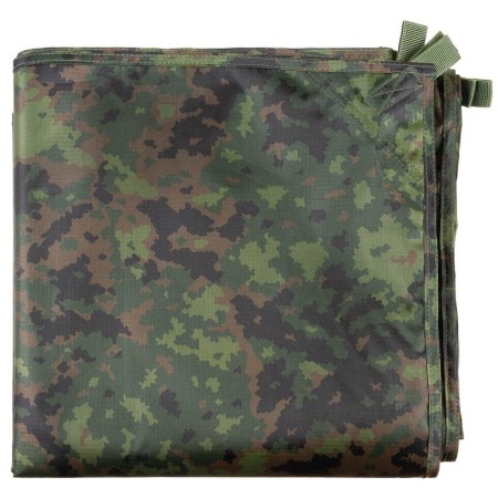 Studio product shot of the M05 camouflage tarpaulin neatly folded into a compact square, displaying the Finnish pattern.
