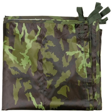 Studio product shot of the M95 camouflage tarpaulin neatly folded into a compact square, displaying the distinct pattern.