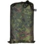 Studio product shot of the M05 camouflage tarpaulin packed securely inside its matching transport drawstring bag.