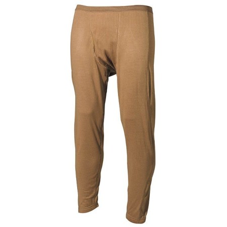 Front view of the coyote tan waffle thermal pants, emphasizing the moisture-regulating material and lateral fly.