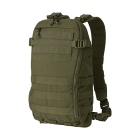 Studio product shot showcasing the Helikon-Tex Guardian Smallpack in olive green laid flat against a neutral background.