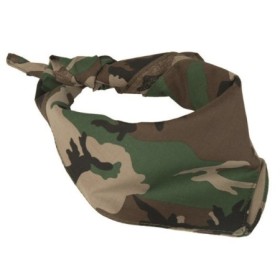 Classic Cotton Bandana in Woodland camouflage pattern shown folded with a knot