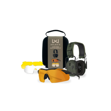 Wiley X Vapor Comm Shooting Range Kit - Complete Package View with Earmuffs, Glasses, 3 Lenses, Case, Pouches, and Accessories