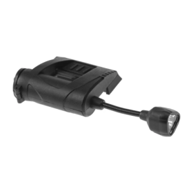 Front view of the black Charge MPLS helmet light, showing the 4-LED head and flexible boom.
