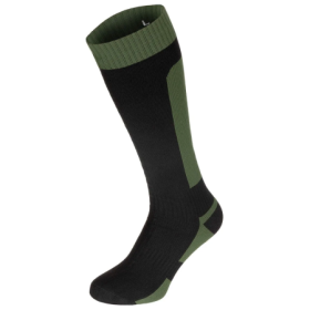 Side view of the waterproof long tactical sock in OD green and black.