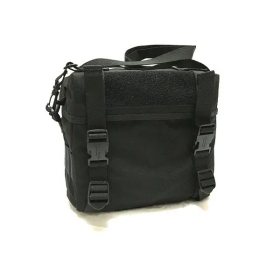 MIL-FORCE SB-GM3 black tactical gas mask bag showing closed top flap secured by two plastic quick-release buckles.