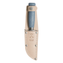 Детский нож Morakniv Scout 39 Safe с синей рукоятью и круглым носиком рядом с кожаными ножнами.