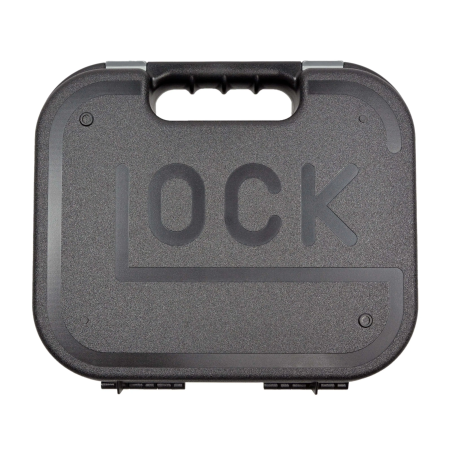 Black GLOCK polymer hard pistol case, closed view showing the molded handle and secure snap latches.