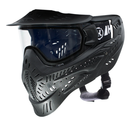 Side view of the black HSTL mask showing ear coverage and the quick-change lens clips.