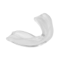 Close-up shot of the unformed clear moldable polymer mouth guard.