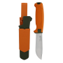 Охотничий нож Morakniv Hunting Amberg Full Flat (S) рядом с оранжевыми полимерными ножнами.