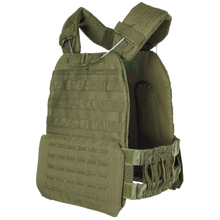 OD Tactical carrier vest by Max Fuchs showcasing the hybrid system with upper webbing and lower laser-cut MOLLE loops.