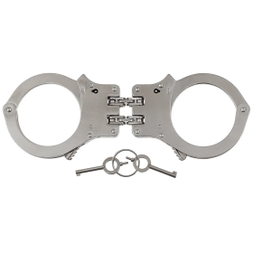 MFH solid steel handcuffs with double-chain connection, lock groove, and 2 keys.