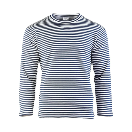 Front, Mil-Tec navy striped long-sleeved winter sweater in white and blue heavyweight cotton with a fleecy brushed inside.