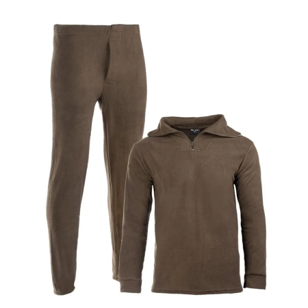 Front OD Mil-Tec men's two-piece thermal fleece underwear set with a long-sleeve top and matching long tights.