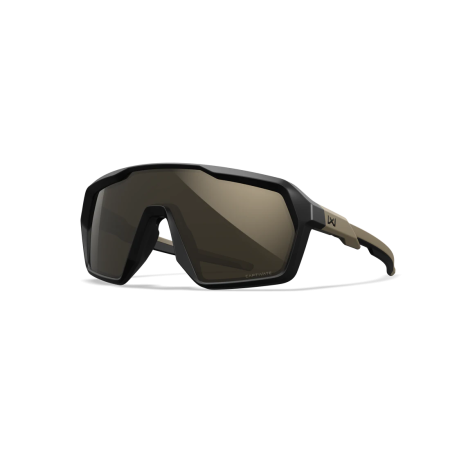 Diagonal view of Wiley X Citadel sunglasses highlighting the wraparound frame and reflective mirror lenses.