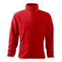 Full front view of the red fleece jacket, displaying the full-length zipper and symmetric side pockets.