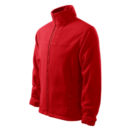Three-quarter diagonal view of the red Rimeck 501 jacket, highlighting the vibrant color and molded zipper details.