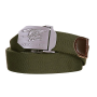 Front view of the green 101-INC web belt featuring the metallic Navy SEAL emblem buckle.