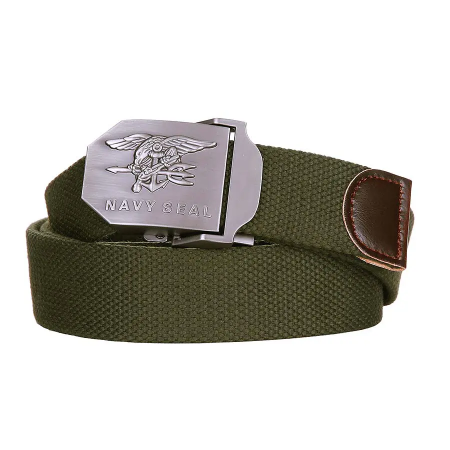 Front view of the green 101-INC web belt featuring the metallic Navy SEAL emblem buckle.
