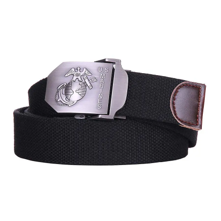 Front view of the black 101-INC web belt with the classic US Marines emblem buckle.
