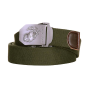 Front view of the olive green 101-INC web belt with the US Marines emblem buckle.