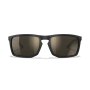 Eestvaade Wiley X WX Axe päikeseprillidest mattmusta raami ja CAPTIVATE™ Polarized Tungsten Mirror klaasidega.
