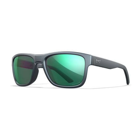 Three-quarter view of the Wiley X WX Ovation sunglasses, showcasing the confident Matte Graphite frame and green mirror lenses.