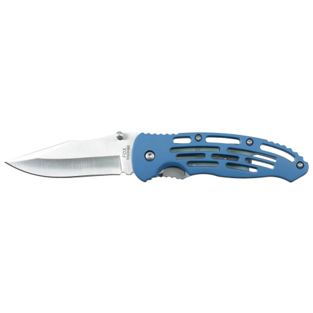 Side view of the Fox Outdoor folding knife fully open, showing the plain-edge blade and blue handle.