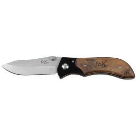 Opened knife showing the matte blade with Fox Outdoor logo and wood handle.
