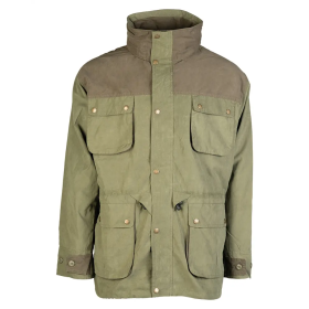 Front view of the green hunting jacket showing the hidden zipper flap, high-closing collar, and tactical 6-pocket layout.