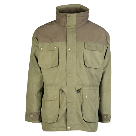 Front view of the green hunting jacket showing the hidden zipper flap, high-closing collar, and tactical 6-pocket layout.