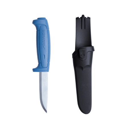 Morakniv Basic 546 S craft knife with 91mm stainless steel blade, blue handle and black polymer sheath.
