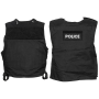 Rear view of the original British Police Type I tactical body armour vest carrier shell in black, used surplus.