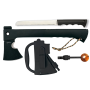 Albainox 32654 tactical survival axe with 3Cr13Mov stainless steel blade, hidden hand saw inside handle, and flint rod.