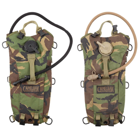 Front view of the British Army DPM camouflage hydration pack, showing the large integrated CamelBak fill port cap.