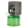The Optimus Clip-On Windshield attached securely to the top collar of a standard gas canister.