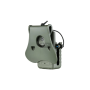 Rear view of the olive drab (OD green) Amomax AM-RH radio holder showing the paddle mount attachment.